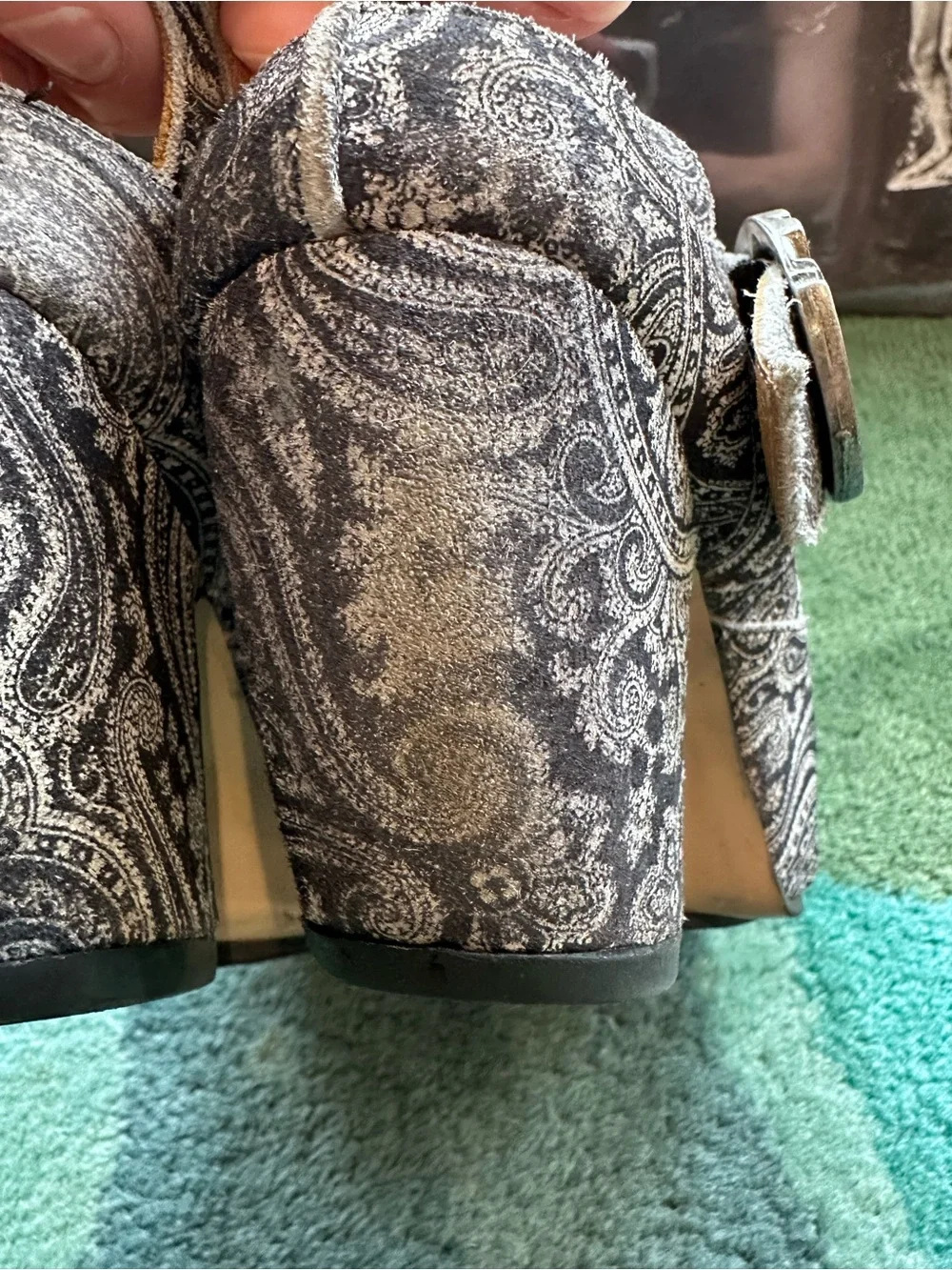 Fluevog Prepare Guide dark gray paisley suede platform slingback -7.5 (fits 7)